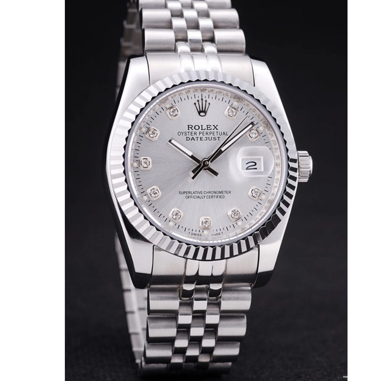 Aaa replica watch Diamonds Ribbed Rolex Bezel 7455 Datejust Silver Dial 0723